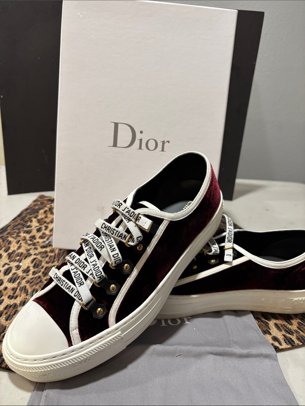 Dior Velvet Low-Top Sneakers in Burgundy and White with Logo Ribbon Laces